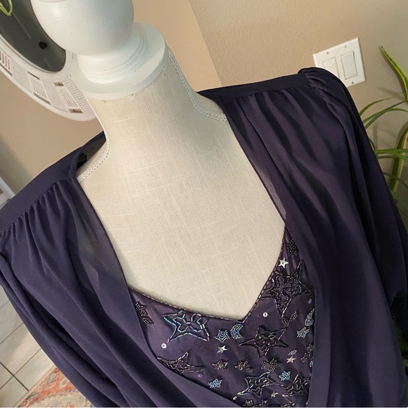 Witchy Woman Vintage Plum Eggplant Dress Beaded Stars 80s Ruched Draped Blouson - Picture 5 of 14